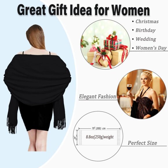 🆕 Women Black Scarf Pashmina Shawl Evening Dress Wedding Winter Warm Large Wrap - Picture 4 of 6